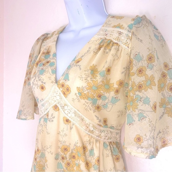 ACT I NEW YORK VTG 70s Pale Yellow Boho Floral Flutter Sleeve Maxi Dress Sz 7 S - Picture 5 of 14
